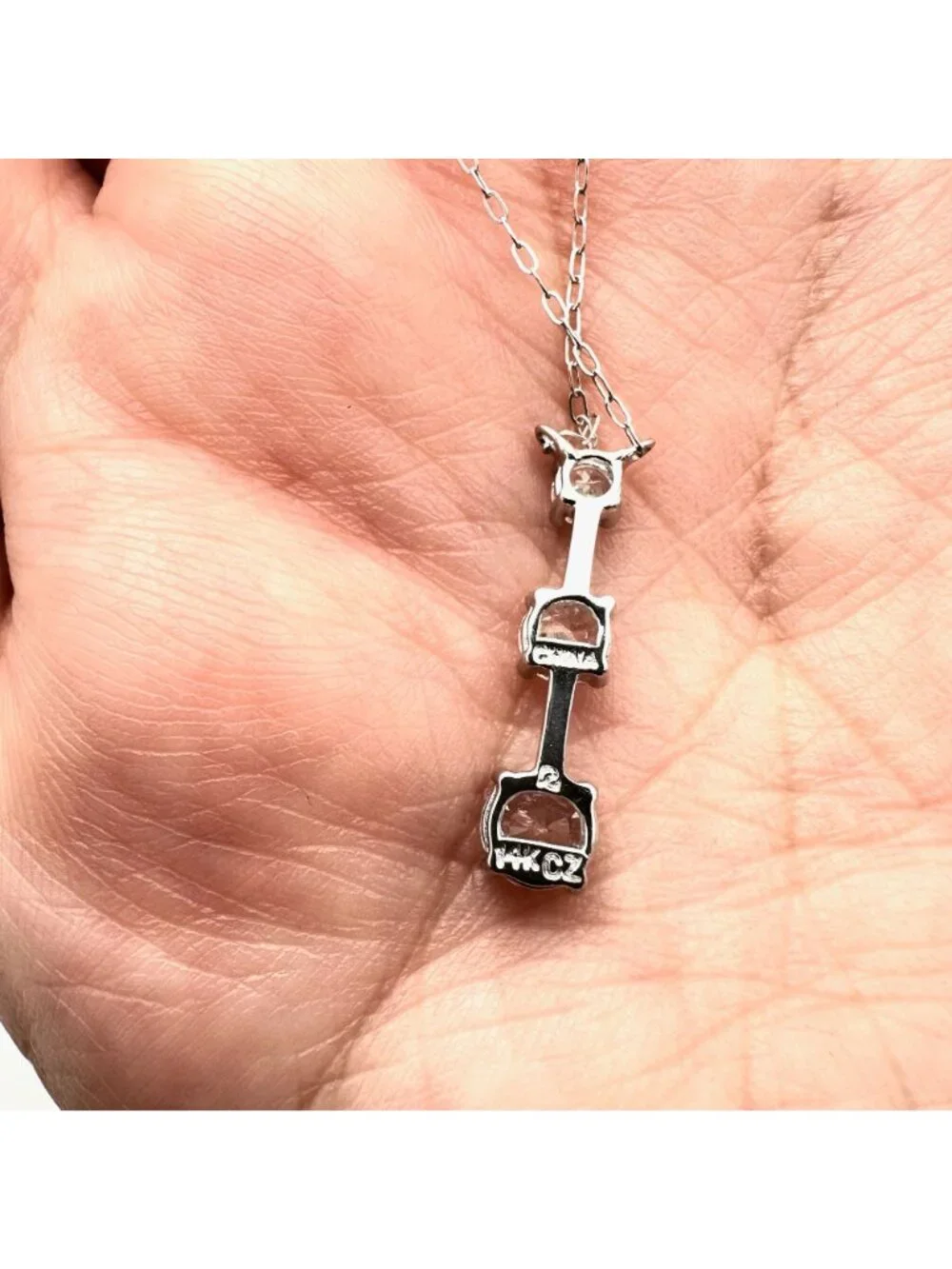 14K White Gold Necklace Three Round Cubic Zirconia Pendant